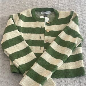 Zara Olive and Cream Striped Knit Cardigan